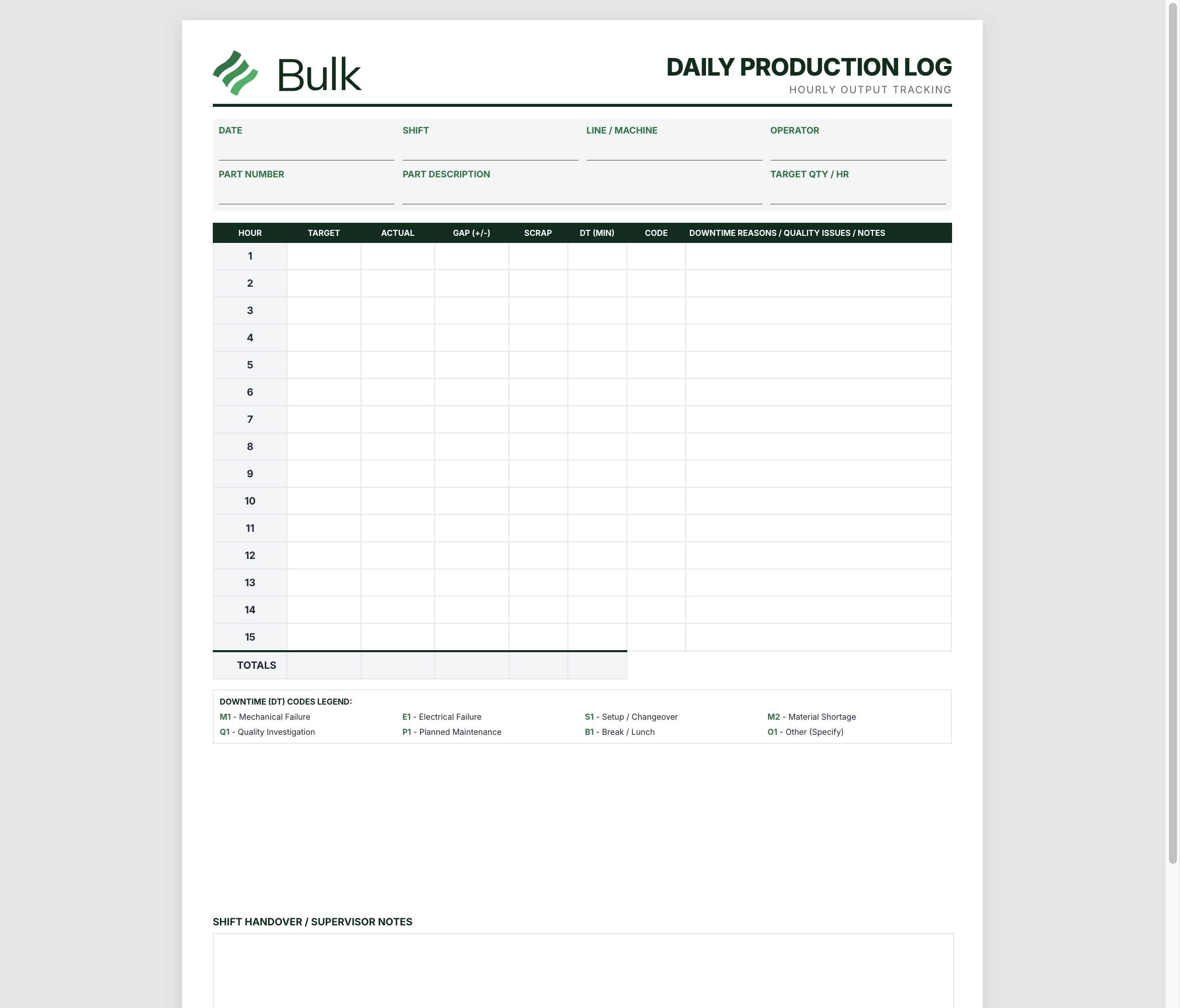 Daily Production Log Preview